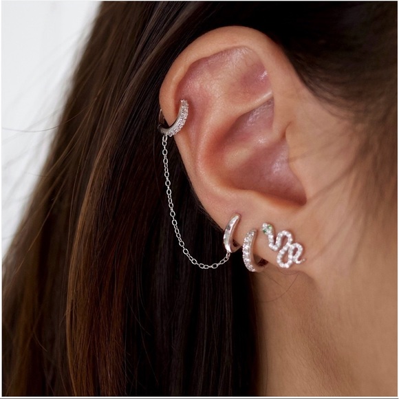 Sterling Silver Double Chain Huggie Earrings - Picture 2 of 5